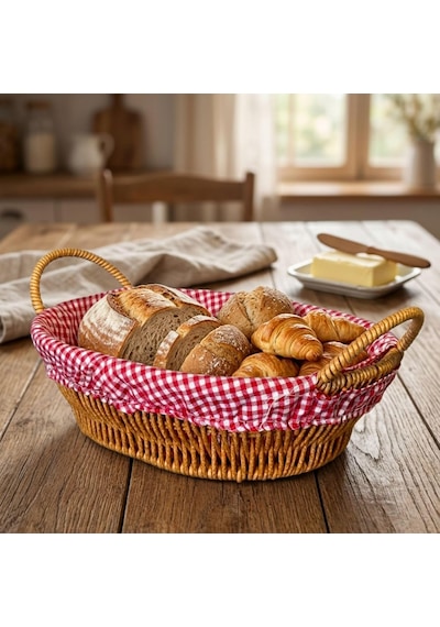 Oval Hasır Ekmeklik Sepeti Kumaş Astarlı Dekoratif Sofra & Kahvaltı Ekmek Sepeti - Açık Renk Çok Renkli