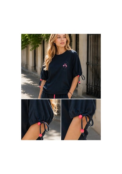 Lacivert Flamingo Baskılı Bağcık Kol Detaylı Oversize Kadın Tişört S