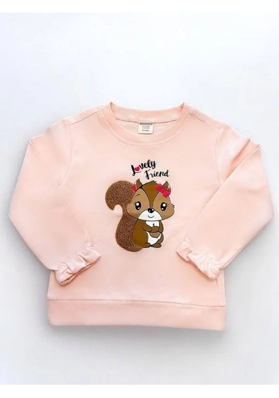 Kız Çocuk Sincap İşlemeli Sweatshirt-14667 Pudra