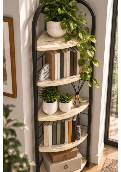 Sulorahome Metal Köşe Kitaplığı Ve Saksılık Bej Traverten Desenli 5 Katlı