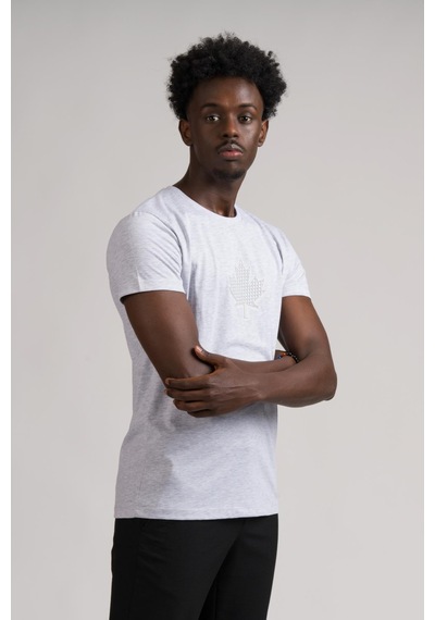 Paul Martin Bisiklet Yaka Önü Baskılı Pamuklu Basic Regular Fit T-shirt açık gri