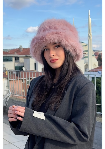 Mollycrush Suni Kürk Bucket Kalpak Şapka Pembe