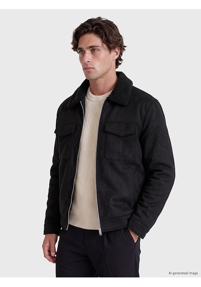 LC Waikiki Lc Waıkıkı Siyah Regular Fit Kürk Yaka Süet Erkek Mont