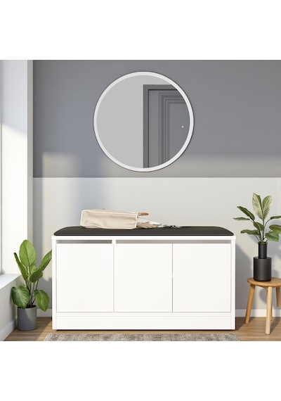 Robin Home Puflu Minderli Oturaklı Aynalı Ayakkabılık Dolap 90cm Beyaz Beyaz