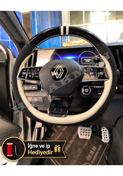 Renault Megane E-tech Dikme Direksiyon Kılıfı Parlak Siyah Bej Detaylı Bej Çift Yüzük Ve Dikiş 2022-2026