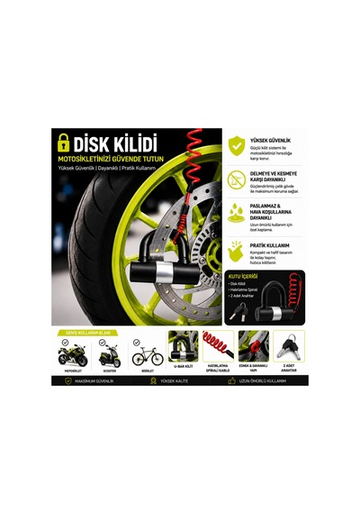 781mv 12x11 Cm Boy 16mm Çapında Motosiklet Disk Kilidi Kelepçeli Çelik U-bar Ve Kırmızı Hatırlatma Kablosu