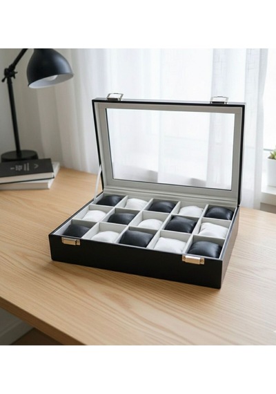 Premium 15 Yuvalı Tamamen Deri Kaplama Cam Kapaklı Şık Tasarım Saat Saklama Kutusu Ebat 34x24x8 Cm Siyah - Beyaz