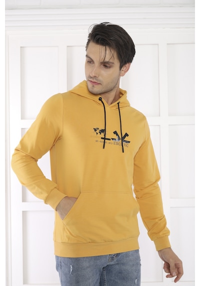 Escetic Spor Erkek Hardal Cepli, Kapüşonlu Sweatshirt-4172