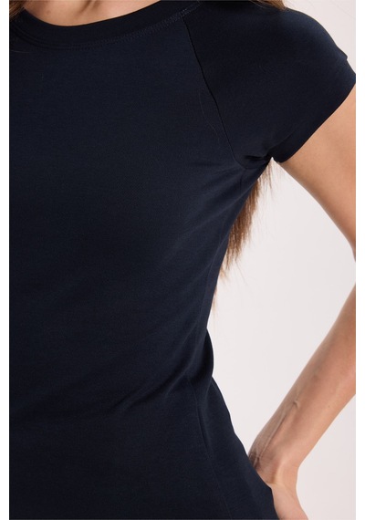 Tudors Kadın Slim Fit Dar Kesim Bisiklet Yaka Reglan Kol %100 Pamuk Lacivert Tişört Bluz-51069