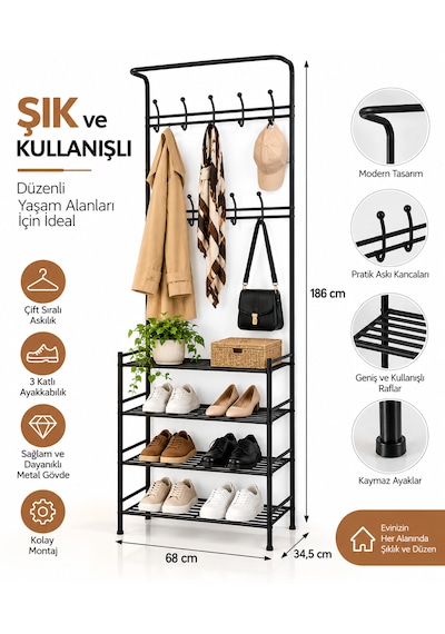 Siyah Alüminyum Vestiyer Askılık 3 Katlı Ayakkabılık Çok Amaçlı Portmanto 68x34,5x186 Cm