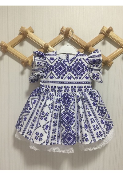 Fırfır Ve Dantel Detaylı Etnik Desenli Mavi Beyaz Kız Çocuk Bebek Elbise 001