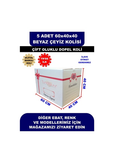 5 Adet 60x40x40 Kurdale Baskılı Beyaz Çeyiz Kolisi, İsim Yazma Alanı Renkli Baskı, Çift Oluklu