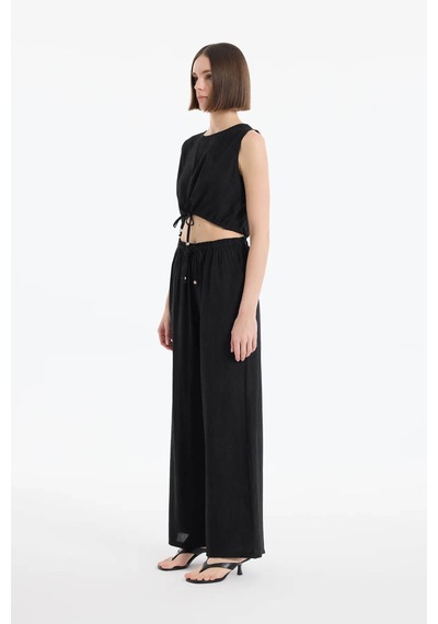 Quzu Beli Lastikli Bol Paça Siyah Kadın Pantolon Pnt00454