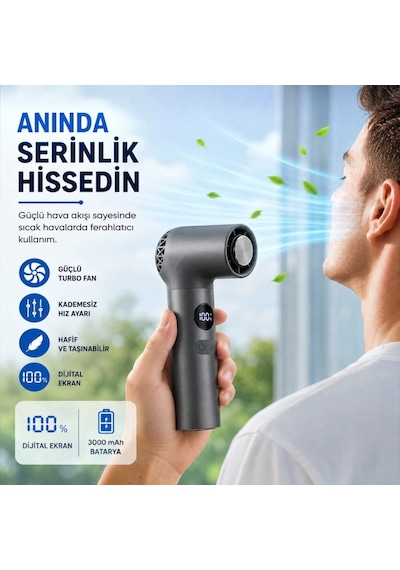 Turbo Buzlu Fan Dijital Ekranlı Şarjlı Mini El Vantilatörü 100 Kademeli Ayar, 3000mah Batarya, Type-c Şarj