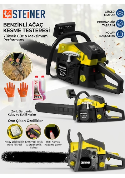 Steiner 2.8 Hp Turbo Profesyonel 52cc Çift Egzoz 50cm Ağaç Odun Dal Kesme Benzinli Testere Hızar Makinesi Sarı