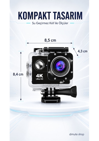 4k Wifi Aksiyon Kamerası 170 Geniş Açı Spor Kamera Ön Kayıt + Kask Montaj Aksesuar Seti Siyah