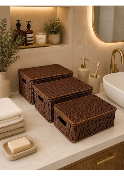 Morponi 3'lü Kapaklı Letta Organizer Çok Amaçlı Hasır Rattan Sepet Svr-bj71490 Sarı