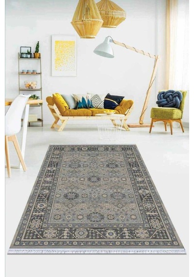 Gri Çerçeveli Dokuma Pamuk Tabanlı Kaymaz Kilim Klm179n11
