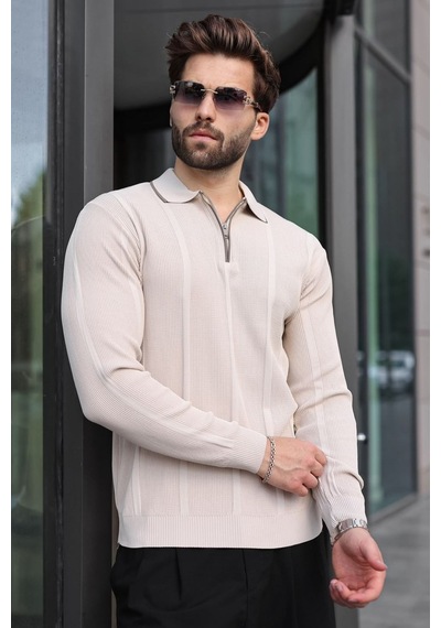 Madmext Taş Polo Yaka Yarım Fermuarlı Fitilli Erkek Triko Kazak E7515 Taş Rengi