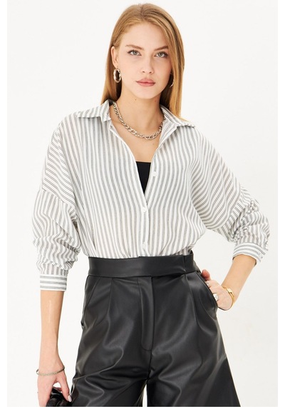 Armonika Kadın Beyaz-siyah İnce Çizgili Oversize Uzun Basic Gömlek Arm-22y001185