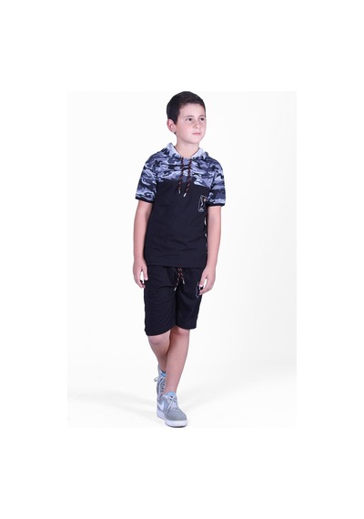 Fyk Kids Kamuflaj Desenli Kaprili, Sweatshirt Lü Erkek Çocuk Alt Üst Takım Gri