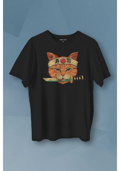 Cat Sushi Japanese Vintage Sokak Baskılı Siyah T-shirt Unisex Tişört 001