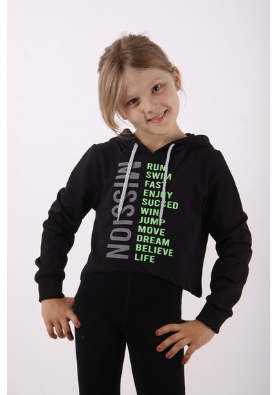 Toontoy Kız Çocuk Relax Fit Kapüşonlu Baskılı Crop Sweatshirt - 2 İplik Siyah