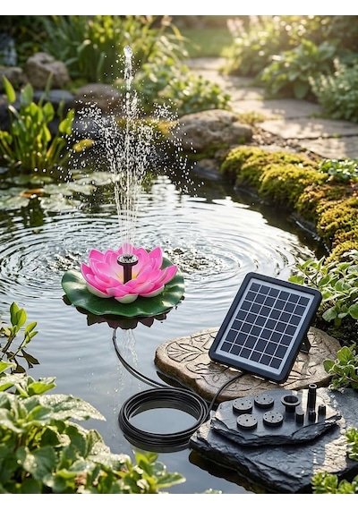 Güneş Enerjili Pembe Lotus Çiçekli Solar Fıskiye - Dekoratif Bahçe Süs Havuzu - Havuz Süsü