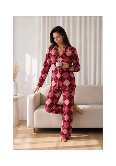 Fit Women Kadın Desenli Basic Kış Kırmızı Pijama Takımı