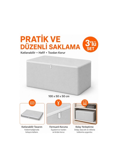 Hurç Seti Yorgan Hurcu 3 Lü Hurç Büyük Boy Battaniye Kıyafet Saklama Baza Altı Dolap İçi Organizer Gri