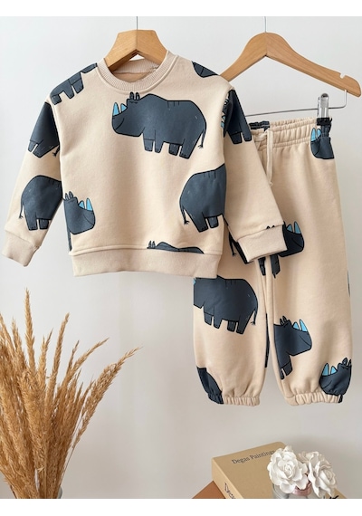 Magu Çocuk Pamuklu Gergedan Desenli Bej Sweatshirt Ve Eşofman Altı Takımı Çok Renkli