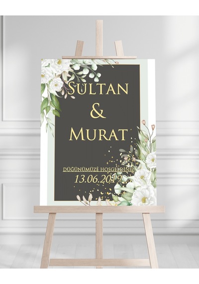 Söz Nişan Düğün İçin 50x70 Karşılama Panosu - Altın Çiçek Tasarımlı 003 Beyaz