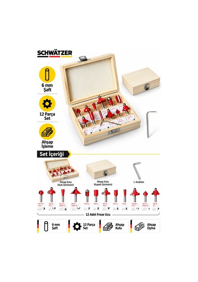 Alman 12 Parça Freze Uç Takımı Ahşap Oyma Ağaç Delme Çantalı Set 6 Mm