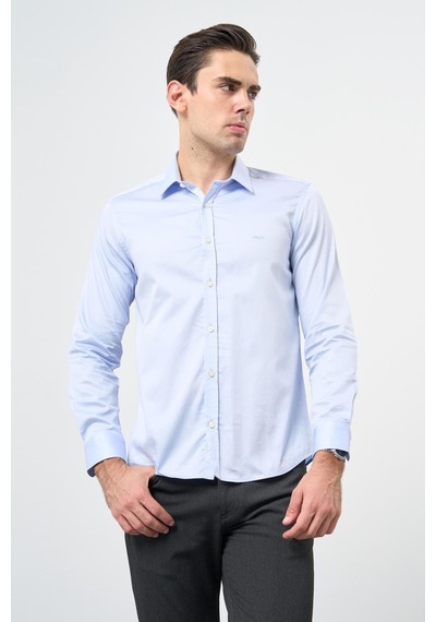 İmza Mavi Uzun Kol Düz Bez Ayağı 032 Sert Yaka Classic Slim Fit Gömlek 1004245324 Mavi