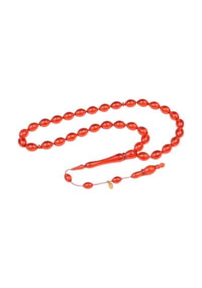 Arpa Kesim 11x8 Mm İmzalı Ateş Kehribar Sistem Püsküllü Tesbih Kırmızı
