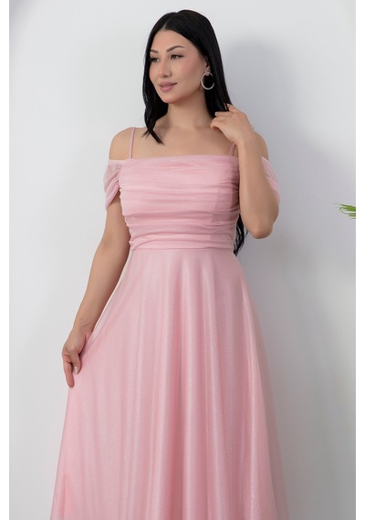 Kalopya Kare Yaka Askılı Simli Tül Elbise 39976 Pembe