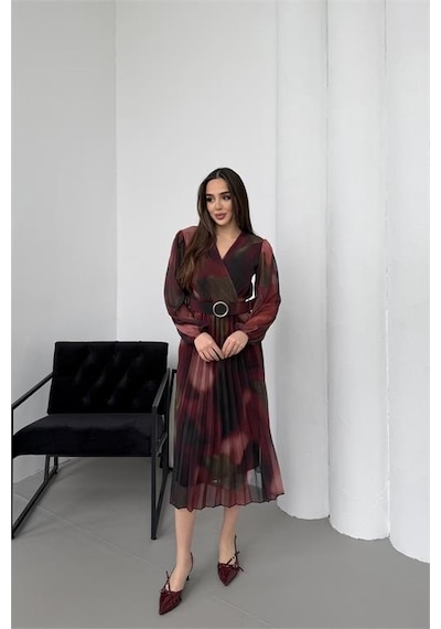 Neşeli Butik Kadın Bordo Beli Kemerli Piliseli Kruvaze Yaka Şifon Elbise Nbelb03 Bordo