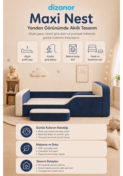 Dizanor Maxi Nest Tek Kısa Yan Kenarlı Montessori Yatak Seti - Lacivert Fitilli