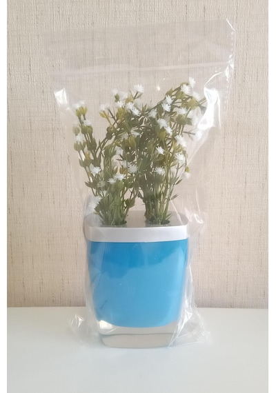 Vazoda Beyaz Yapay Çiçek Dekoratif Gri Mavi Poliresin 8 x 4 x 16 CM