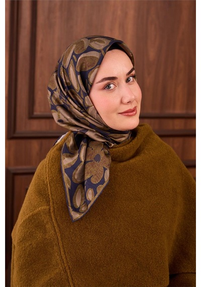 Silk Home Twill İpek Eşarp Lacivert Yeşil Vizon Papatya Desenli Tok Duruşlu 90x90 Çok Renkli
