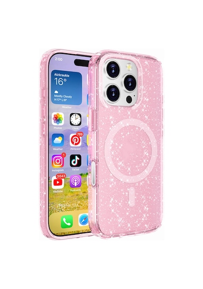Apple Uyumlu iPhone 16 Pro Max Kılıf M-safe Şarj Özellikli Parlayan Simli Saydam Renkli Zore Allstar Kapak Pembe