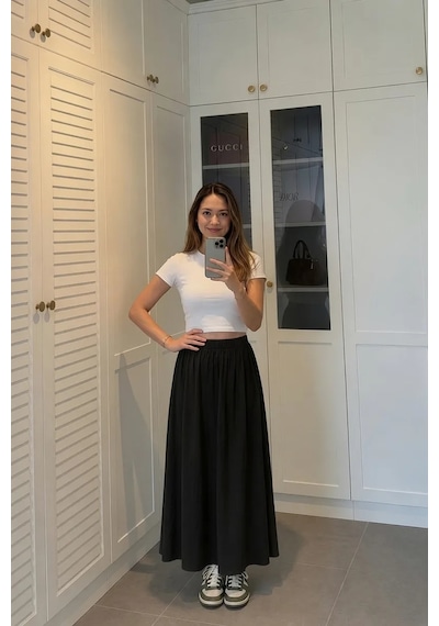Kadın Siyah Poplin Kumaş Uzun Etek Beli Lastikli Günlük Maxi Etek 90 Cm