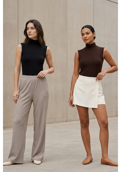 Ivoire Wear Kadın 2'li Balıkçı Yaka Sıfır Kol Viskon Body Set Siyah Kahverengi