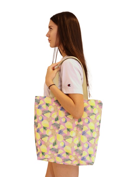 İcone Bag Kadın, Kız Plaj Çantası, Baskılı Plaj Çanta, Limon Desenli Çanta Pembe