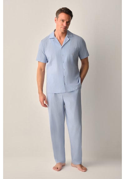 Suwen Walker Erkek Pamuklu Gömlek Yaka Erkek Pijama Takımı Sh26711660b1075 Mavi Çizgili