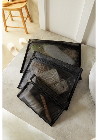 Ocean Home Textile 3'lü Su Geçirmez Pvc Astarlı Siyah Renk File Islak Kuru Çantası 20 X 13 / 24 X 20 / 30 X 24 Cm