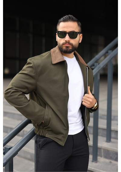 Kadife Yakalı Trucker Model Ceket Haki