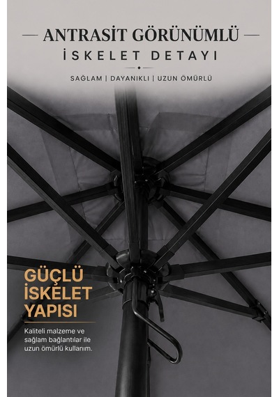 Alubrella Kare Antrasit 200x200 Cm, 8 Telli Güneş Şemsiyesi
