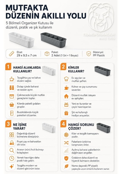 5 Bölmeli Mutfak Organizer Kutusu Gri Beyaz 2li Set Tezgah Üstü Baharatlık Poşet Çay Kahve Kapsülü Düzenleyici Diğer