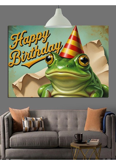 Kurbağa Doğum Günü Şapkası Dekoratif Kanvas - Mdf Ahşap Tablo